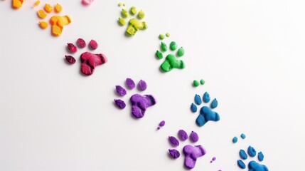 A footprints, paw print path Dog paws. Kitten. Paw prints of bright colors of animals, silhouettes on a white background.