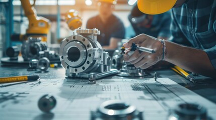 A Close-up view of engineers and technicians designing and engineering mechanical parts. Industrial engine factory, blueprints, bearing measurement, calipers, tools, industrial background.