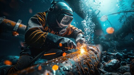 Underwater welders working at Sparks turn on lights on the seabed to repair submerged structures. Underwater welding by professional divers