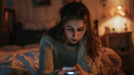 Portrait of a young woman sitting sadly waiting for a call in a bedroom, looking at a cell phone, sad face.