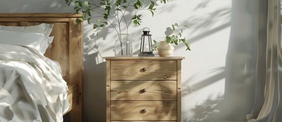 Photo of a wooden bedside table with three drawers against the background.
