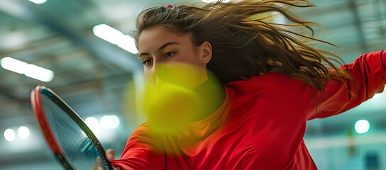 Female Pickleball player in a red sweatshirt playing at the indoor court, closeup of her face and arm holding a racket hitting a ball, blurred background, with a high-speed shutter, in the style of sp