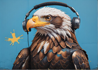 graffiti of an eagle with headphones on the wall