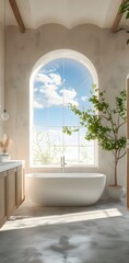 A bright bathroom with an arched window and a bathtub in the center, a lightcolored wall on one side of which is a sink