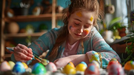 A young woman with Down syndrome enjoys a creative activity by painting Easter eggs for Easter in her backyard.