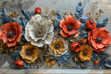 panel wall art, wall decoration, marble background with flowers designs