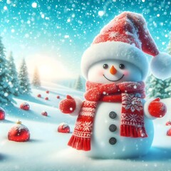A snowman with a red hat and scarf, surrounded by evergreen trees and a house.