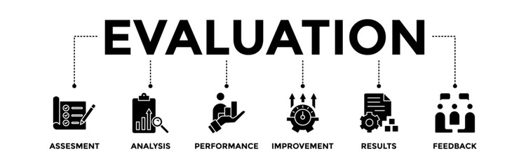 Evaluation banner icons set. Vector graphic glyph style with icon of assessment, analysis, performance, improvement, results, and feedback