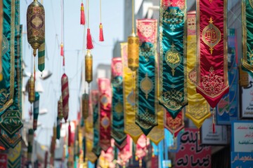 Fototapeta premium Decorative banners and flags lining the streets to announce the arrival of the Islamic year.