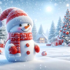 A snowman with a red scarf and hat, surrounded by presents and trees.