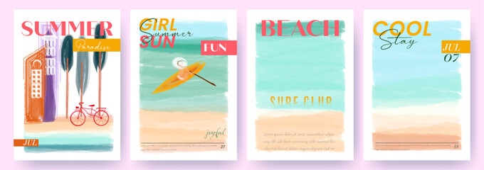 Set of watercolor summer posters with beach, landscape, bike, boat and typography.  Summer party concept templates for celebration, ads, branding, banner, holiday cover, label, sales. © ArtLina