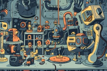 Cartoon cute doodles of a robot factory where robots build their own robot pets, Generative AI