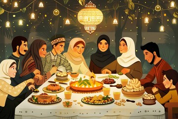 Muslim family gathering for a festive meal to celebrate the Islamic New Year.