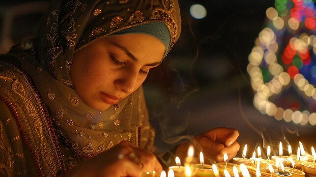 Muslim woman lighting candles as part of a New Years Eve tradition.