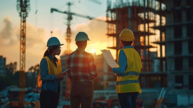 Team of architects using tablets and standing to read blueprints at construction site, designers and engineers building, civil and steel structures.