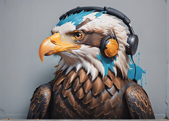 graffiti of an eagle with headphones on the wall