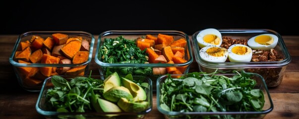 Healthy meal prep containers with sweet potato, spinach, avocado and eggs.
