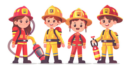 Kids firefighters Children firemen cartoon cute illustration, generative Ai