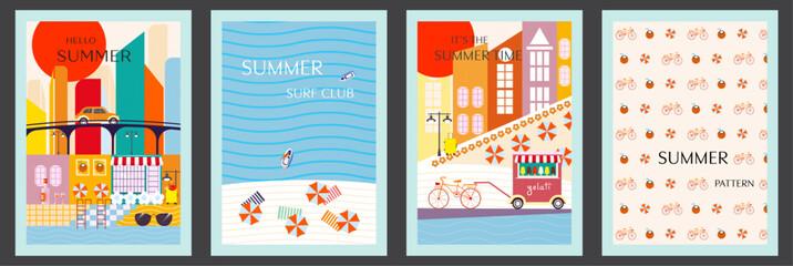 Set of summer posters with beach, pattern, landscape, city, bike, holiday elements, sea and typography.  Summer party concept templates for celebration, ads, branding, banner, cover, label, sales.