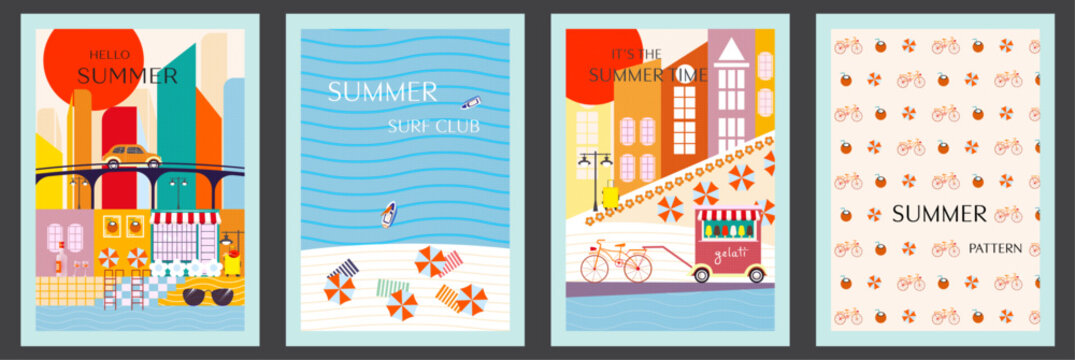 Set of summer posters with beach, pattern, landscape, city, bike, holiday elements, sea and typography.  Summer party concept templates for celebration, ads, branding, banner, cover, label, sales.