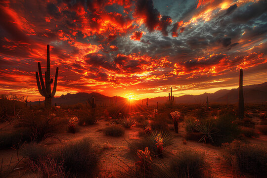 Fiery Sunset Over Desert Landscape with Cacti