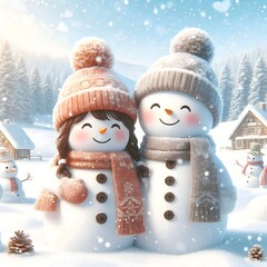 A snowman and snowwoman are hugging each other in the snow, with a house and trees in the background.