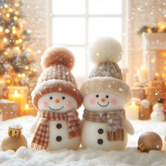 Two snowmen are standing in the snow, creating a beautiful scene.