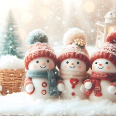 Three snowmen are standing in a row with a basket of flowers in the middle.