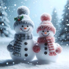 Two snowmen are standing gracefully in the snowy landscape.