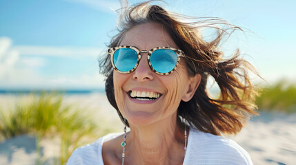 Laughing mature woman wearing sunglasses, generative Ai