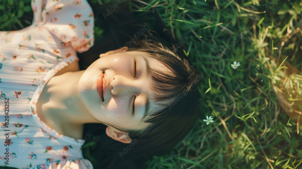 Poster 芝生に寝る日本人女性