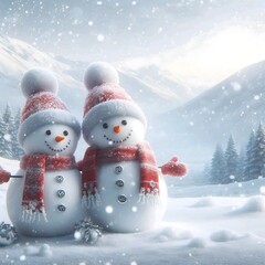 Two snowmen standing in the snow look very lovely.