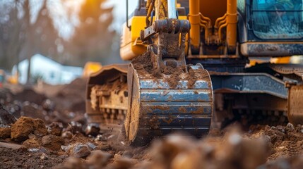 Fototapeta premium Close-up view of a powerful excavator digging and moving dirt at a construction site, showcasing heavy machinery and earth-moving operations in an industrial setting