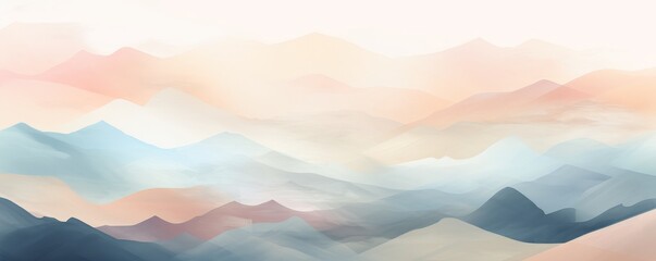 The watercolor painting of mountain landscape with peaks and fog in the morning.