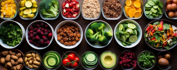 Top view of healthy food ingredients. Organic vegetables, fruits, nuts and seeds in bowls. Clean eating concept.