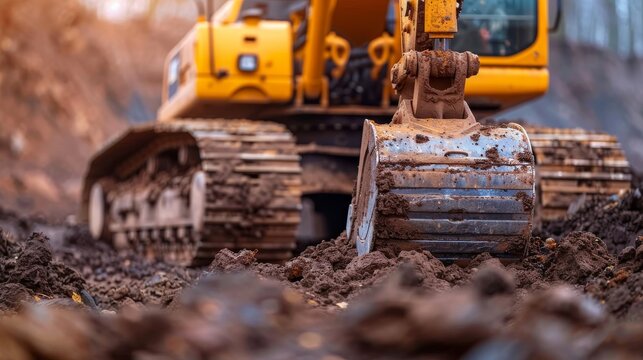 Close-up view of a powerful excavator digging and moving dirt at a construction site, showcasing heavy machinery and earth-moving operations in an industrial setting