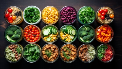 Various healthy food containers with fresh vegetables, fruits and grains. Top view, concrete background. Clean eating, healthy lifestyle, dieting concept.