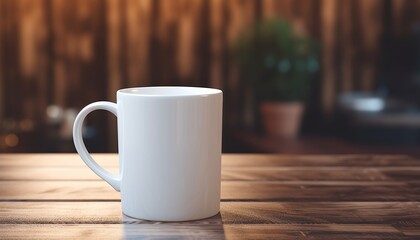 Fototapeta premium White ceramic mug on wooden table in the morning light.
