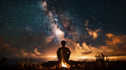 Amidst the tranquility of the wilderness, a solitary figure enjoys the warmth of a bonfire against the backdrop of the dazzling Milky Way, a testament to the beauty of nature.