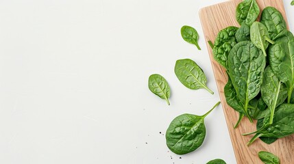 Obraz premium Wooden Board with Fresh Sliced Spinach Against a Clean White Background and Copy Space