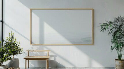 A large white framed picture hangs on a wall in a room