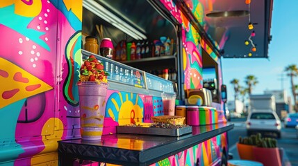A colorful food truck is parked on a street. The truck is painted in bright colors and has a large menu on the side. There are people lined up at the truck, waiting to order food.