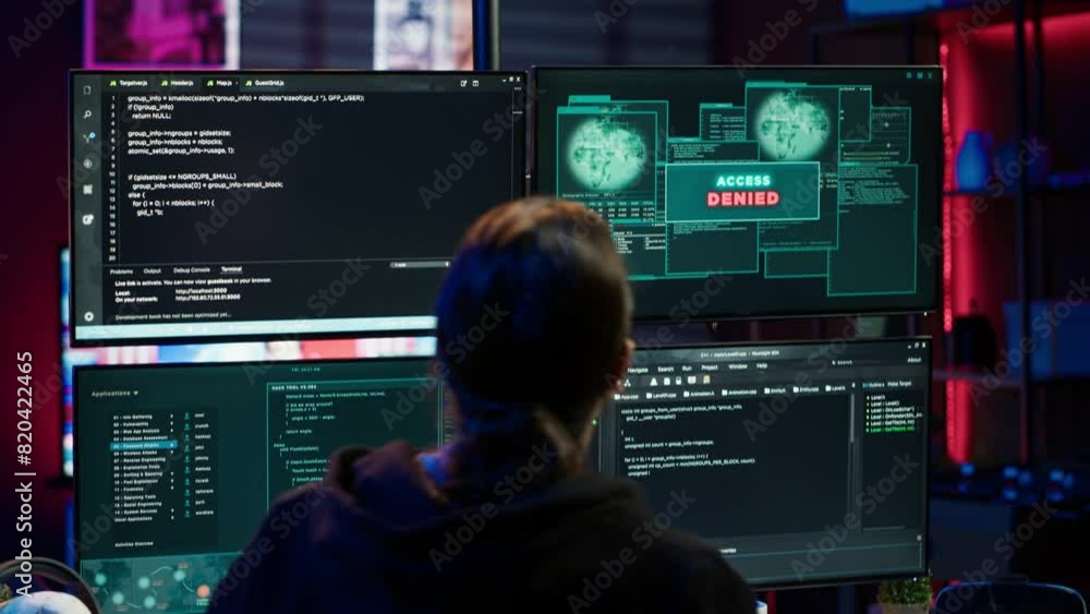 Poster hacker in hidden apartment trying to steal valuable data by targeting governmental websites but gett