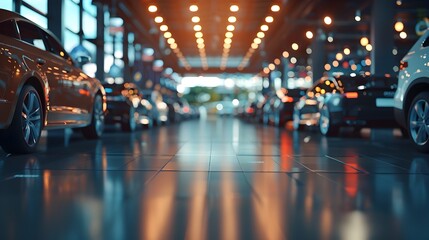 Naklejka premium Cinematic Automotive Showroom with Blurred Luxury Vehicles and Vibrant Lighting