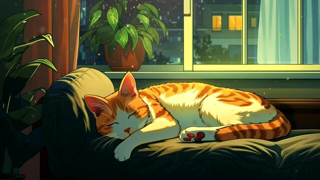 Cat sleeping soundly in a cozy bedroom at night, with a view of the night sky through the window. Ideal for lofi background music, chill vibes. Seamless looping time-lapse animation background.