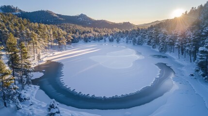 Frozen lake surrounded by forest