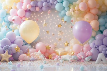 A colorful room with a lot of balloons and stars