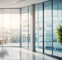 Abstract blurred office interior room of a light modern office interior with panoramic windows and beautiful lighting.