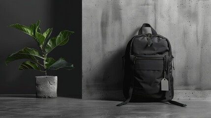 A black backpack standing on the floor near the gray wall. Next to it, there is a small plant in a pot.