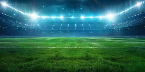  Spectacular sport stadium with glowing floodlights and empty green grass field. Professional sports background for advertisement.
